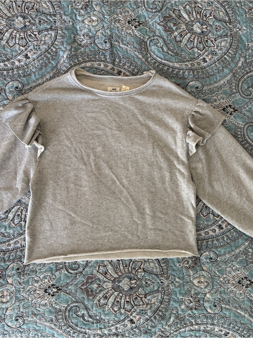 aerie Light Gray Crewneck Sweater with Shoulder Ruffles